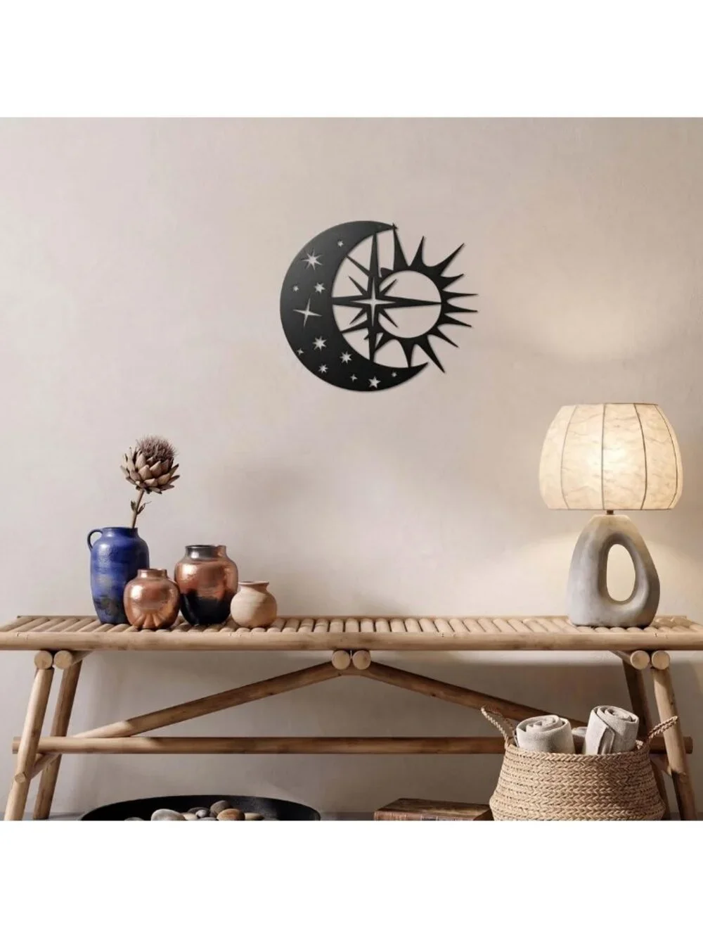 Celestial Metal Sun & Moon Wall Art Decor - Matte Black Stars & Sculpture for